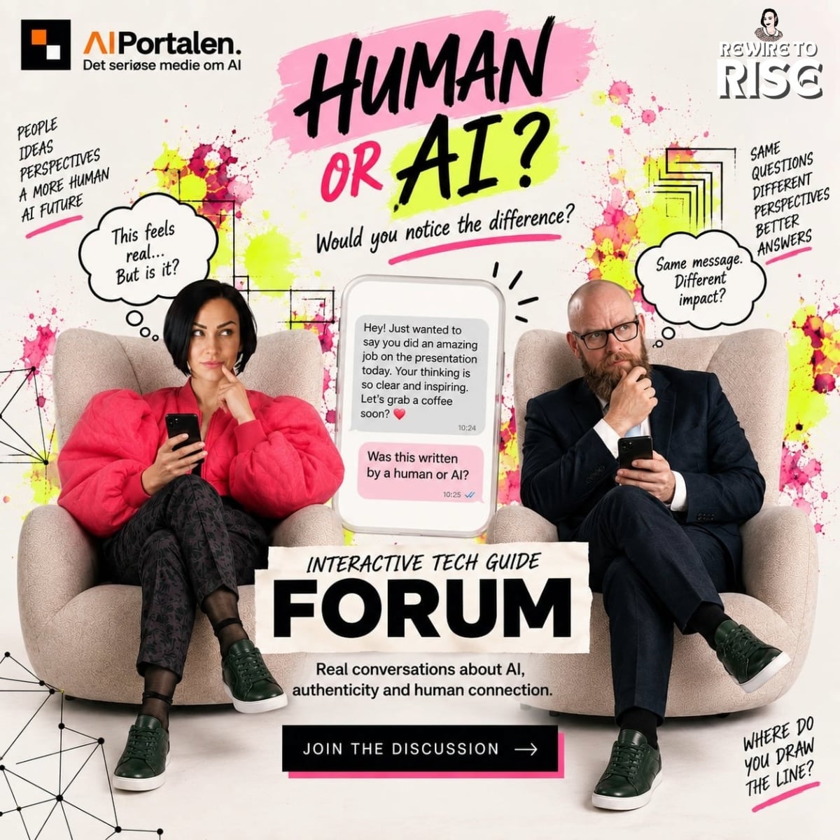 Human or AI? Would you notice the difference? Interactive Tech Guide forum illustration.